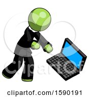 Poster, Art Print Of Green Clergy Man Throwing Laptop Computer In Frustration