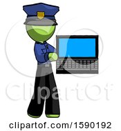 Poster, Art Print Of Green Police Man Holding Laptop Computer Presenting Something On Screen
