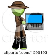 Green Detective Man Holding Laptop Computer Presenting Something On Screen