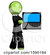 Green Clergy Man Holding Laptop Computer Presenting Something On Screen