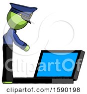 Poster, Art Print Of Green Police Man Using Large Laptop Computer Side Orthographic View