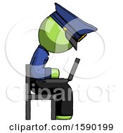 Poster, Art Print Of Green Police Man Using Laptop Computer While Sitting In Chair View From Side