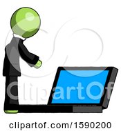 Poster, Art Print Of Green Clergy Man Using Large Laptop Computer Side Orthographic View
