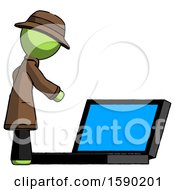 Green Detective Man Using Large Laptop Computer Side Orthographic View