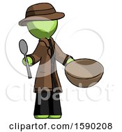 Poster, Art Print Of Green Detective Man With Empty Bowl And Spoon Ready To Make Something