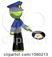 Green Police Man Frying Egg In Pan Or Wok Facing Right