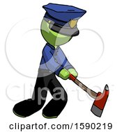 Green Police Man Striking With A Red Firefighters Ax