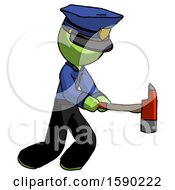 Poster, Art Print Of Green Police Man With Ax Hitting Striking Or Chopping