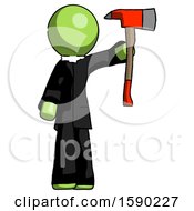 Poster, Art Print Of Green Clergy Man Holding Up Red Firefighters Ax