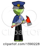 Poster, Art Print Of Green Police Man Holding Red Fire Fighters Ax