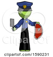 Poster, Art Print Of Green Police Man Holding Large Steak With Butcher Knife