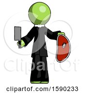Green Clergy Man Holding Large Steak With Butcher Knife