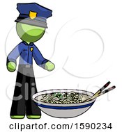 Poster, Art Print Of Green Police Man And Noodle Bowl Giant Soup Restaraunt Concept