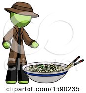 Poster, Art Print Of Green Detective Man And Noodle Bowl Giant Soup Restaraunt Concept