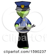 Green Police Man Serving Or Presenting Noodles