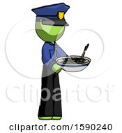 Green Police Man Holding Noodles Offering To Viewer
