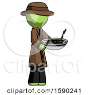 Poster, Art Print Of Green Detective Man Holding Noodles Offering To Viewer