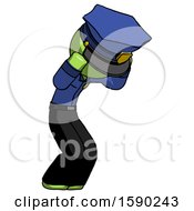 Poster, Art Print Of Green Police Man With Headache Or Covering Ears Turned To His Right
