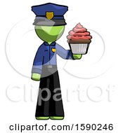 Green Police Man Presenting Pink Cupcake To Viewer