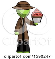 Green Detective Man Presenting Pink Cupcake To Viewer