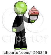 Green Clergy Man Presenting Pink Cupcake To Viewer