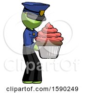 Poster, Art Print Of Green Police Man Holding Large Cupcake Ready To Eat Or Serve