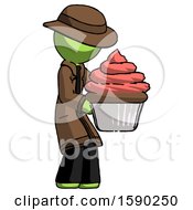 Poster, Art Print Of Green Detective Man Holding Large Cupcake Ready To Eat Or Serve
