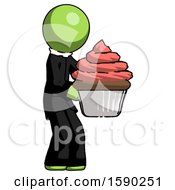 Poster, Art Print Of Green Clergy Man Holding Large Cupcake Ready To Eat Or Serve