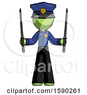 Green Police Man Posing With Two Ninja Sword Katanas Up