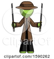 Green Detective Man Posing With Two Ninja Sword Katanas Up