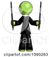 Green Clergy Man Posing With Two Ninja Sword Katanas Up