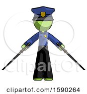 Poster, Art Print Of Green Police Man Posing With Two Ninja Sword Katanas