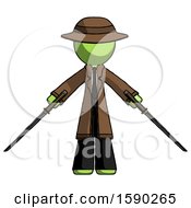 Green Detective Man Posing With Two Ninja Sword Katanas