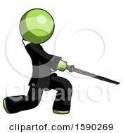 Green Clergy Man With Ninja Sword Katana Slicing Or Striking Something