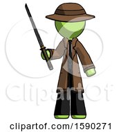 Poster, Art Print Of Green Detective Man Standing Up With Ninja Sword Katana