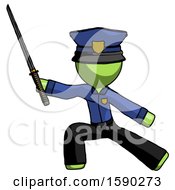 Green Police Man With Ninja Sword Katana In Defense Pose
