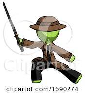 Poster, Art Print Of Green Detective Man With Ninja Sword Katana In Defense Pose