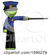 Poster, Art Print Of Green Police Man Standing With Ninja Sword Katana Pointing Right