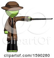 Poster, Art Print Of Green Detective Man Standing With Ninja Sword Katana Pointing Right