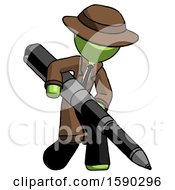 Poster, Art Print Of Green Detective Man Writing With A Really Big Pen