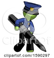 Poster, Art Print Of Green Police Man Writing With A Really Big Pen