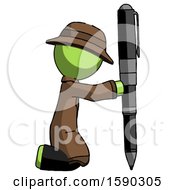 Green Detective Man Posing With Giant Pen In Powerful Yet Awkward Manner