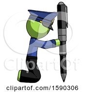 Poster, Art Print Of Green Police Man Posing With Giant Pen In Powerful Yet Awkward Manner