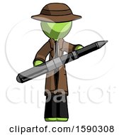 Green Detective Man Posing Confidently With Giant Pen