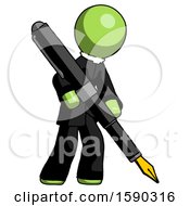 Green Clergy Man Drawing Or Writing With Large Calligraphy Pen