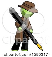 Green Detective Man Drawing Or Writing With Large Calligraphy Pen