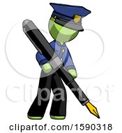 Green Police Man Drawing Or Writing With Large Calligraphy Pen