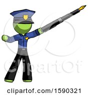 Poster, Art Print Of Green Police Man Pen Is Mightier Than The Sword Calligraphy Pose
