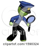 Poster, Art Print Of Green Police Man Inspecting With Large Magnifying Glass Right