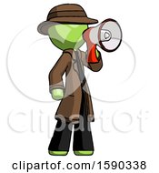 Poster, Art Print Of Green Detective Man Shouting Into Megaphone Bullhorn Facing Right